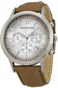 Emporio Armani Classic Chronograph Silver Dial Brown Leather Strap Watch For Men - AR2471