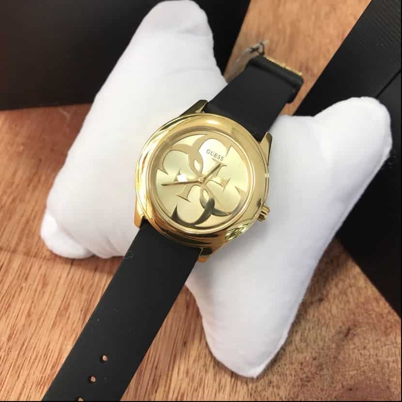 Guess G Twist Gold Dial Black Leather Strap Watch for Women - W0911L3