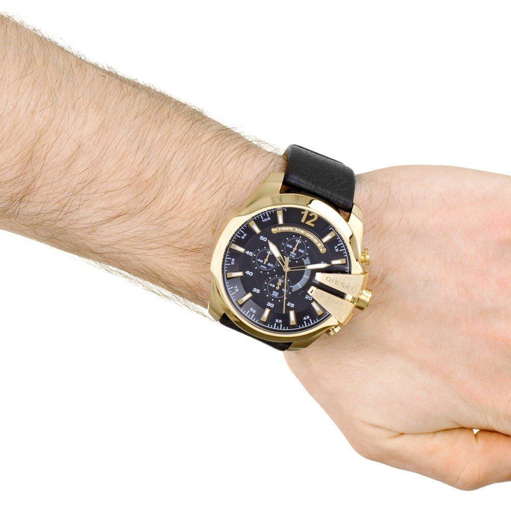 Diesel Mega Chief Chronograph Black Dial Black Leather Strap Watch For Men - DZ4344