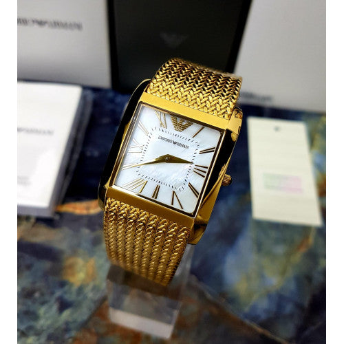 Emporio Armani Super Slim Quartz White DIal Gold Mesh Bracelet Watch For Women - AR2017