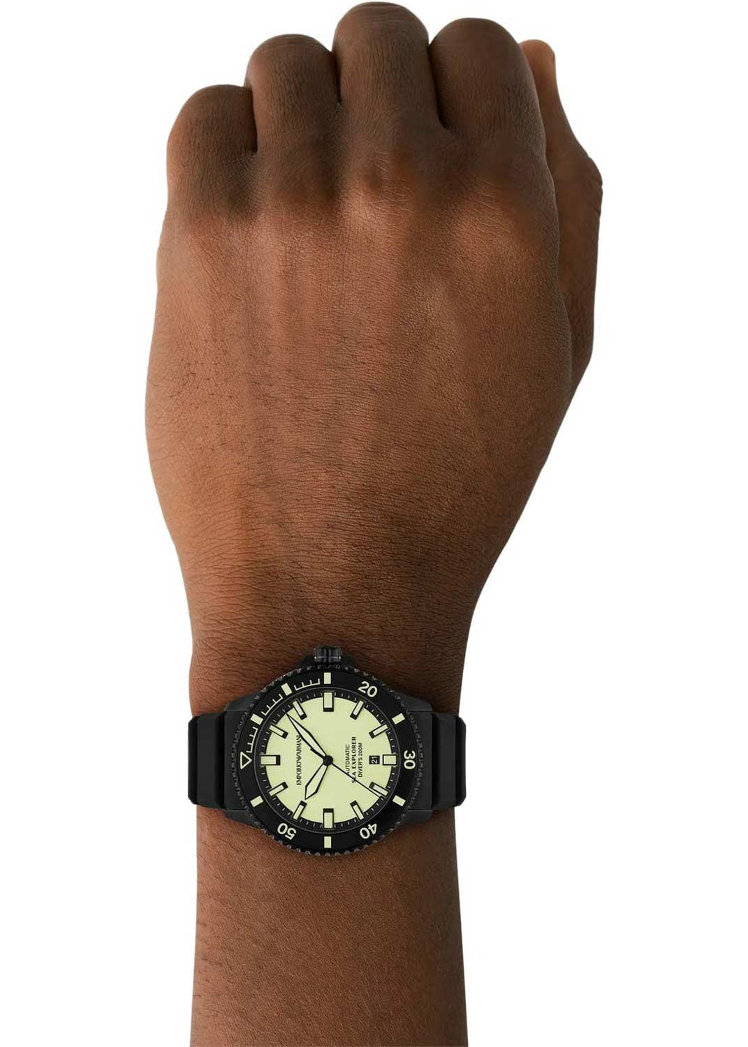 Emporio Armani Sea Explorer Automatic Yellow Dial Black Silicone Strap Watch For Men - AR60085