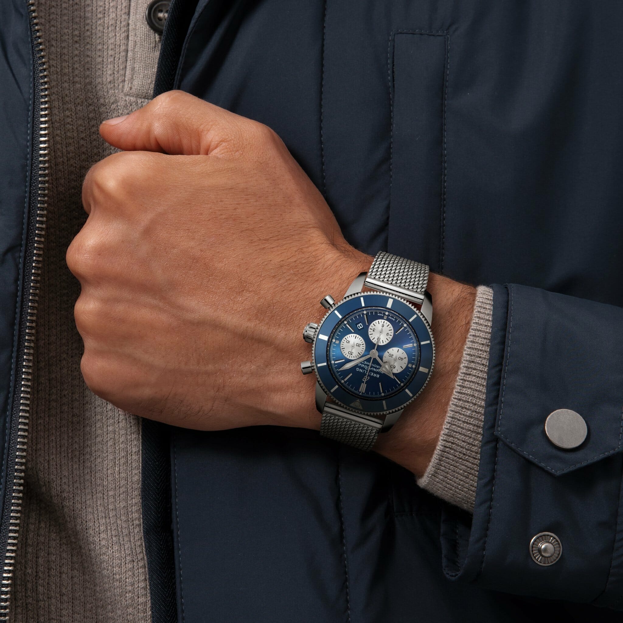 Breitling Superocean Heritage B01 Chronograph 44 Blue Dial Silver Mesh Bracelet Watch for Men - AB0162161C1A1