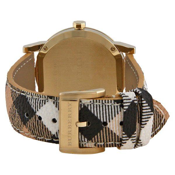Burberry The City Gold Dial Haymarket Brown Leather Strap Watch for Women - BU9026