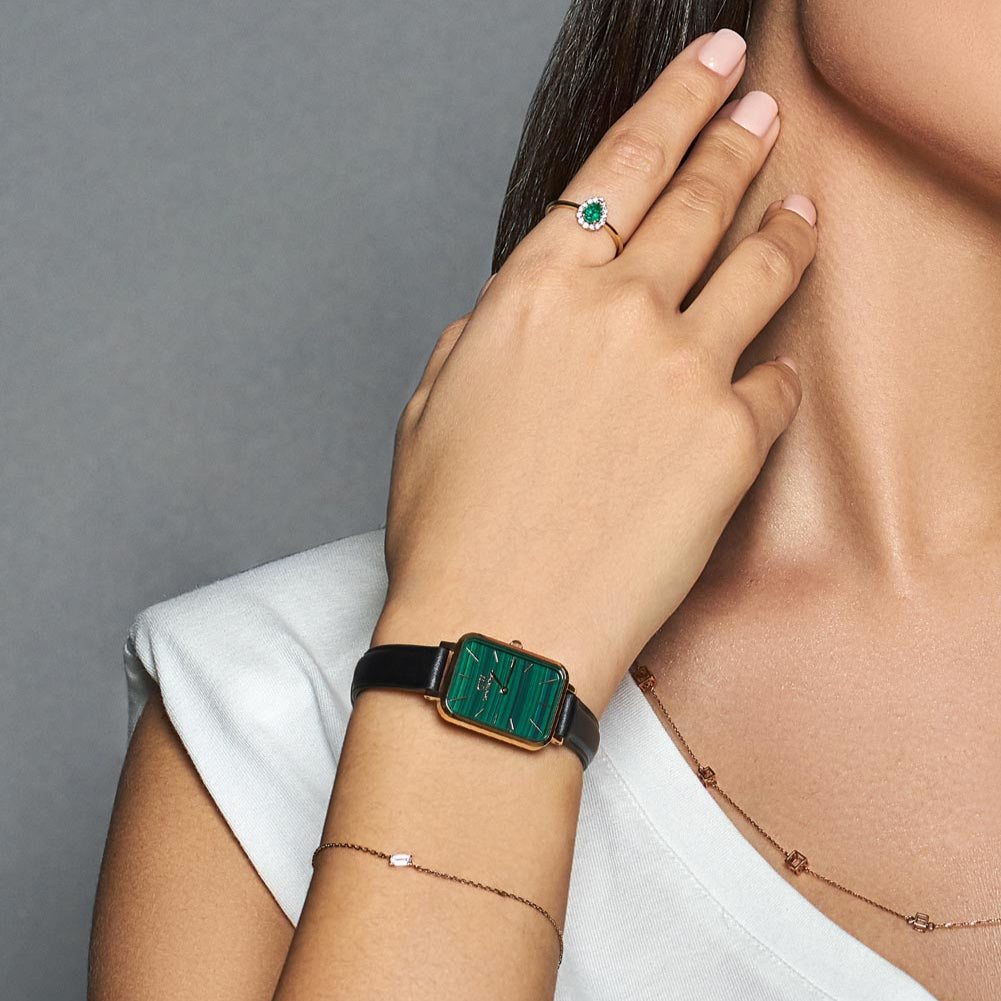 Daniel Wellington Quadro Pressed Sheffield Green Dial Black Leather Strap Watch For Women - DW00100439