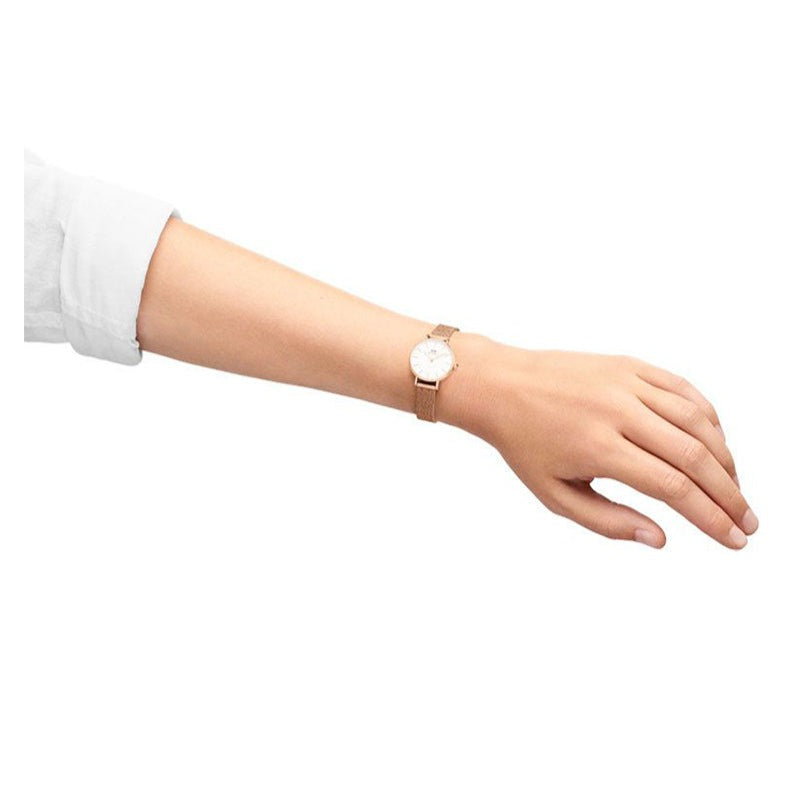 Daniel Wellington Petite Pressed Melrose White Dial Gold Mesh Bracelet Watch For Women - DW00100447