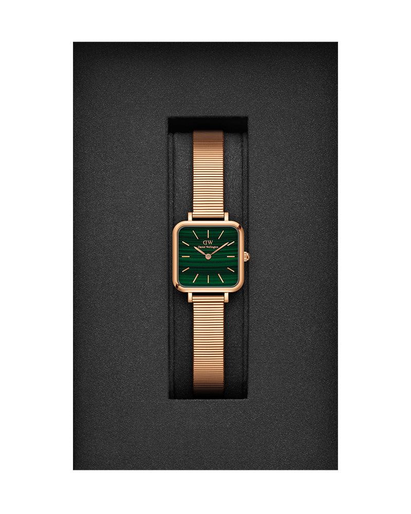 Daniel Wellington Quadro Studio Green Dial Rose Gold Mesh Strap Watch For Women - DW00100520