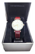 Emporio Armani Gianni T-Bar Quartz Silver Dial Brown Leather Strap Watch For Women - AR11061