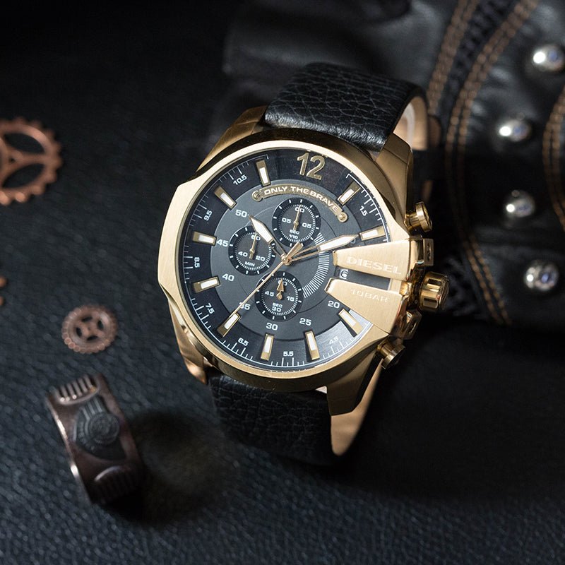 Diesel Mega Chief Chronograph Black Dial Black Leather Strap Watch For Men - DZ4344
