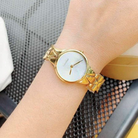 Calvin Klein Snake Silver Dial Yellow Gold Steel Strap Watch For Women - K6E23546