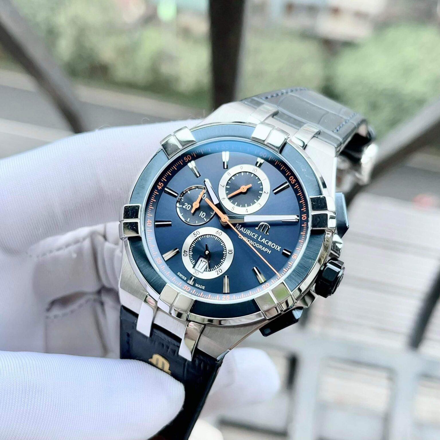 Maurice Lacroix Quartz Swiss Made Blue Dial Leather Strap 44mm Watch For Men - AI1018-SS001-432-4
