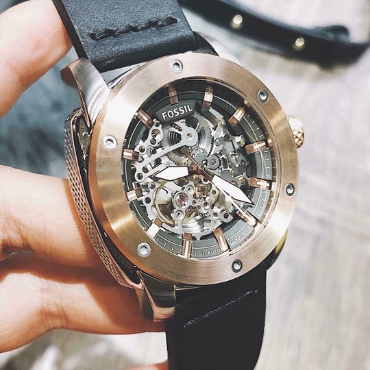 Fossil Modern Machine Automatic Skeleton Dial Black Leather Strap Watch for Men - ME3082