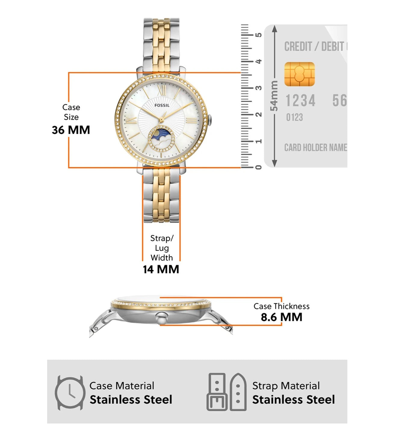 Fossil Jacqueline Analog Moonphase Mother of Pearl White Dial Two Tone Steel Strap Watch for Women - ES5166