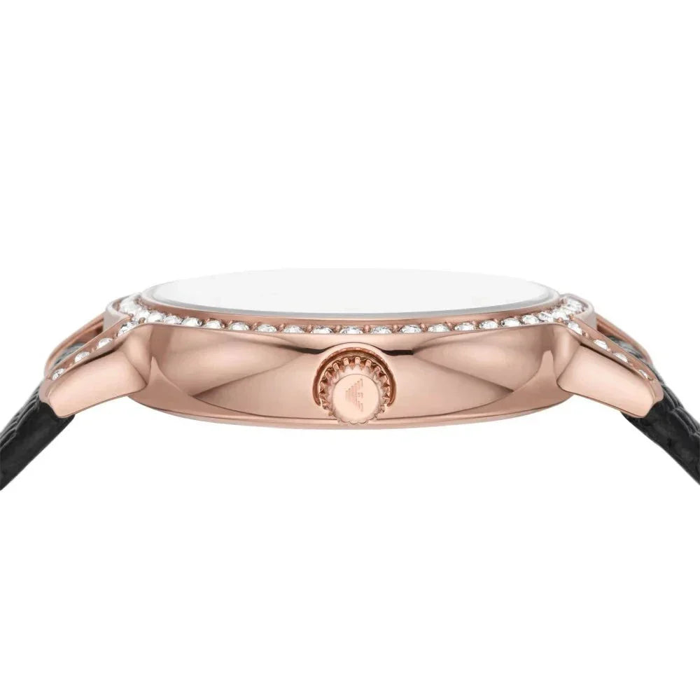Emporio Armani Cleo Three-Hand Mother of Pearl Dial Black Leather Strap Watch For Women - AR11485