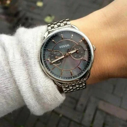 Fossil Tailor Mother of Pearl Black Dial Silver Steel Strap Watch for Women - ES3911