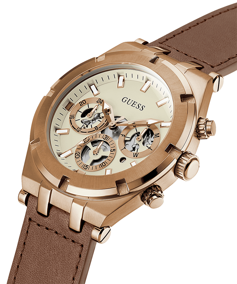 Guess Analog Multifunction White Dial Brown Leather Strap Watch for Men - GW0262G3