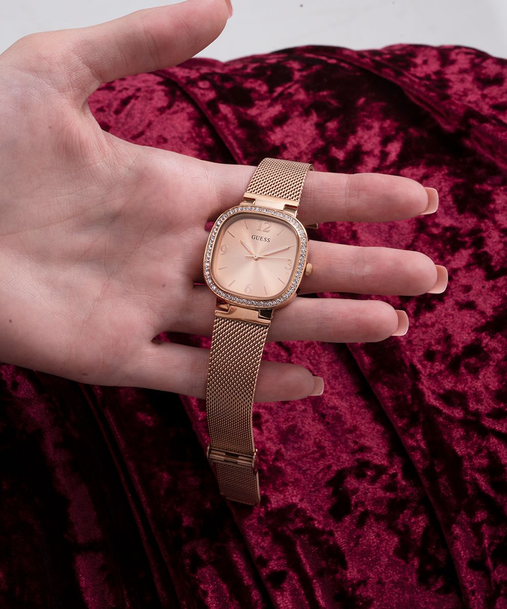 Guess Tapestry Diamonds Rose Gold Dial Rose Gold Mesh Bracelet Watch for Women - GW0354L3