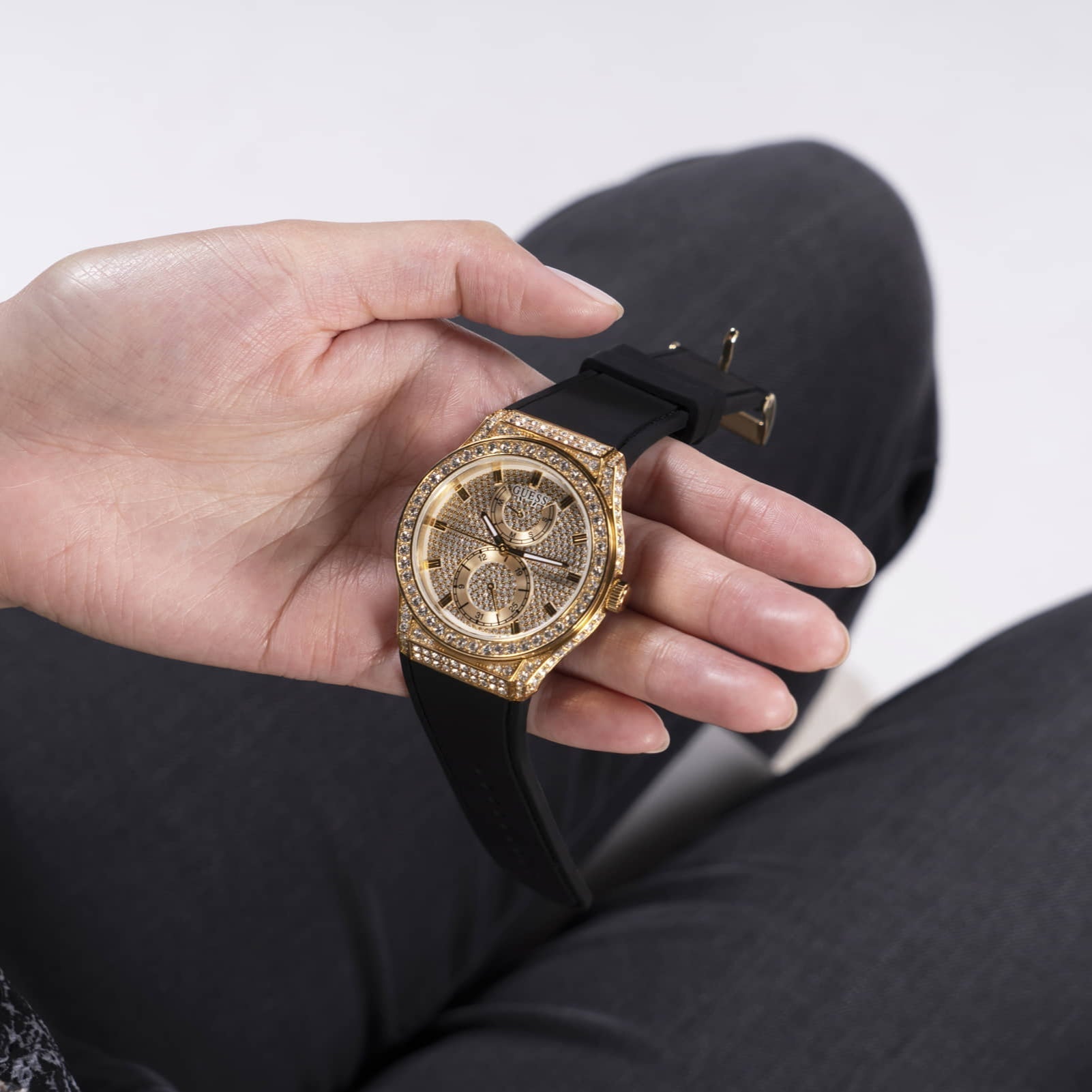 Guess Princess Crystals Gold Dial Black Silicone Strap Watch For Women - GW0439L2