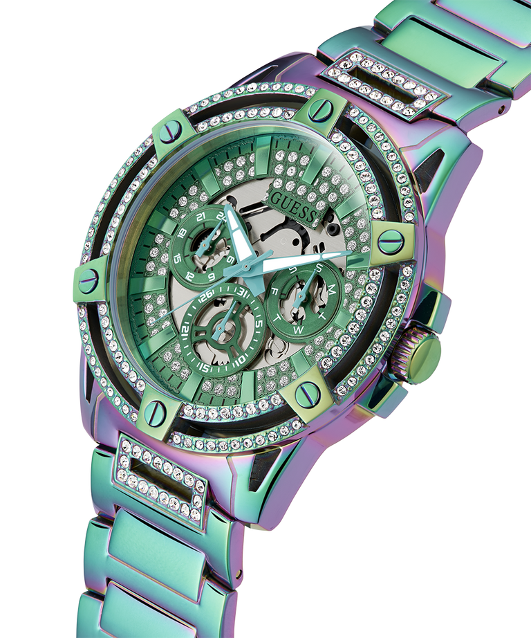 Guess King Iridescent Multifunction Multicolor Dial Purple Steel Strap Watch For Men - GW0497G3