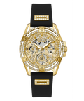 Guess Queen Quartz Gold Dial Black Silicone Strap Watch For Women - GW0536L3