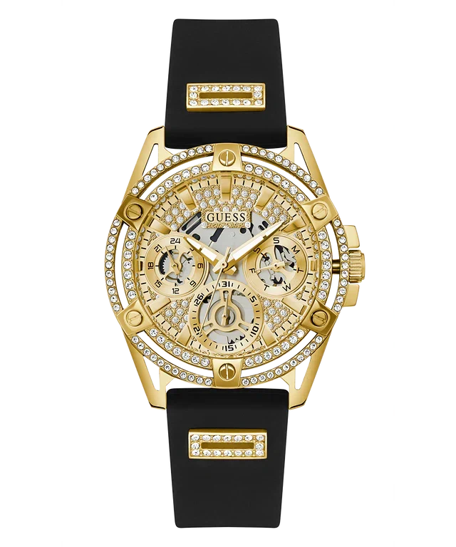 Guess Queen Quartz Gold Dial Black Silicone Strap Watch For Women - GW0536L3