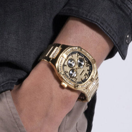 Guess Duke Glitz Crystals Gold Dial Gold Steel Strap Watch For Men - GW0576G2