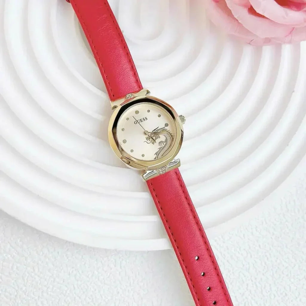 Guess Trend Dragon Gold Dial Red Leather Strap Watch For Women - GW0646L1