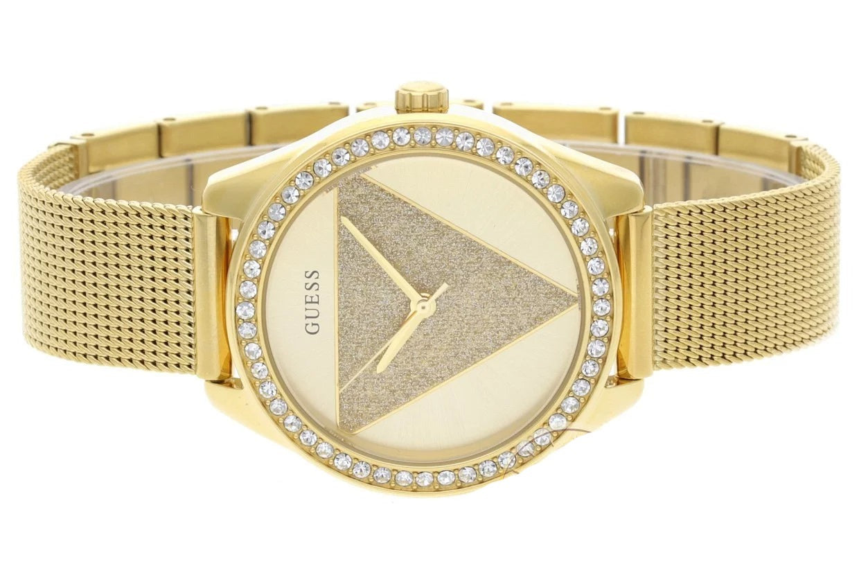 Guess Tri Glitz Quartz Diamonds Gold Dial Gold Mesh Bracelet Watch For Women - W1142L2