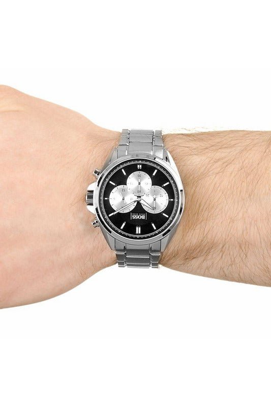 Hugo Boss Driver Black Dial Silver Steel Strap Watch for Men - 1512883