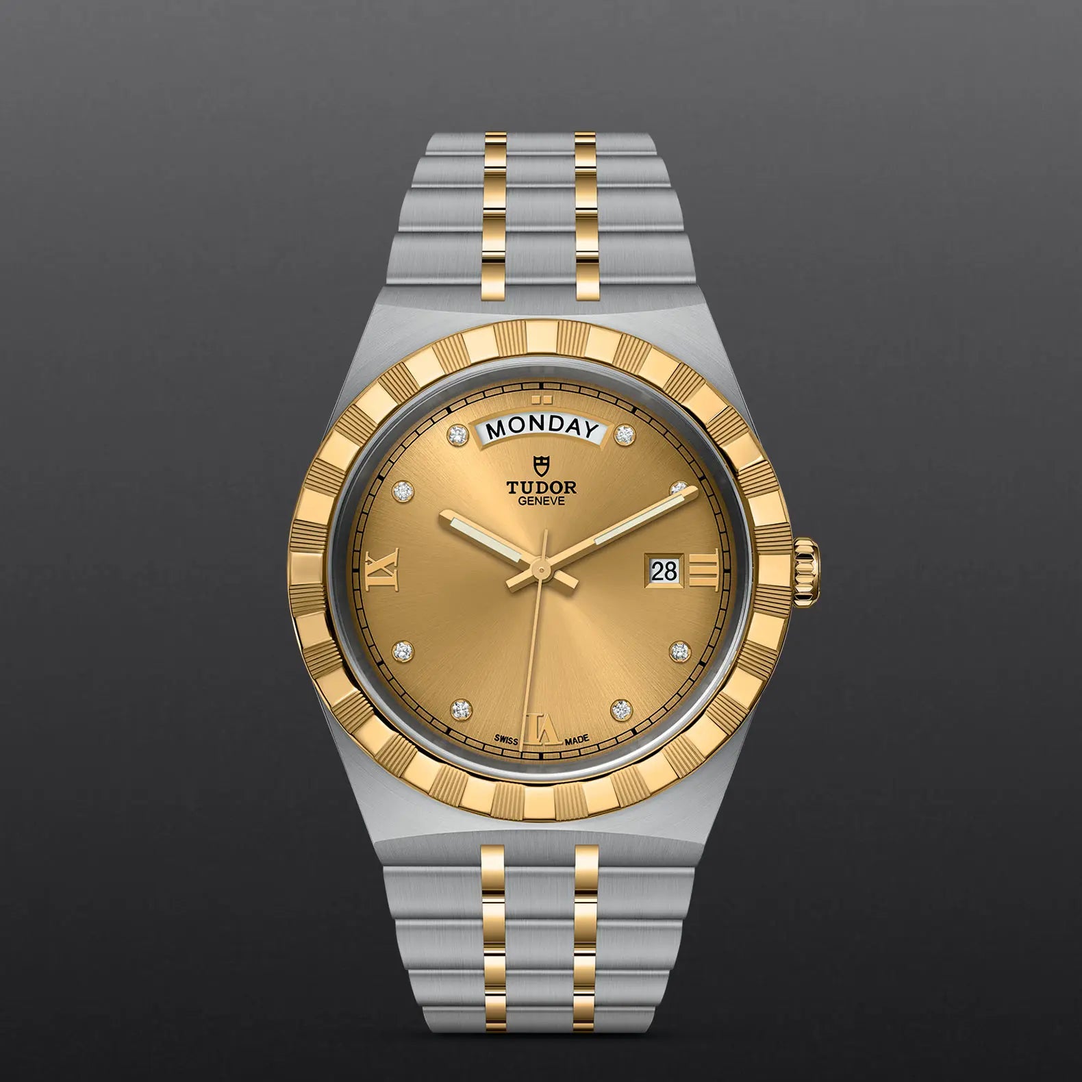 Tudor Royal Automatic Diamonds Gold Dial Two Tone Steel Strap Watch for Men - M28603-0006
