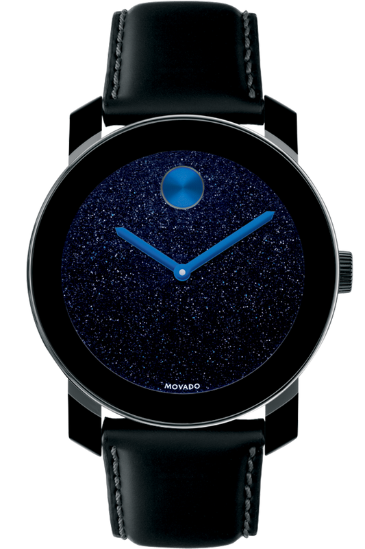 Movado Bold Metallic Blue Dial Black Leather Strap Watch for Men - 3600137