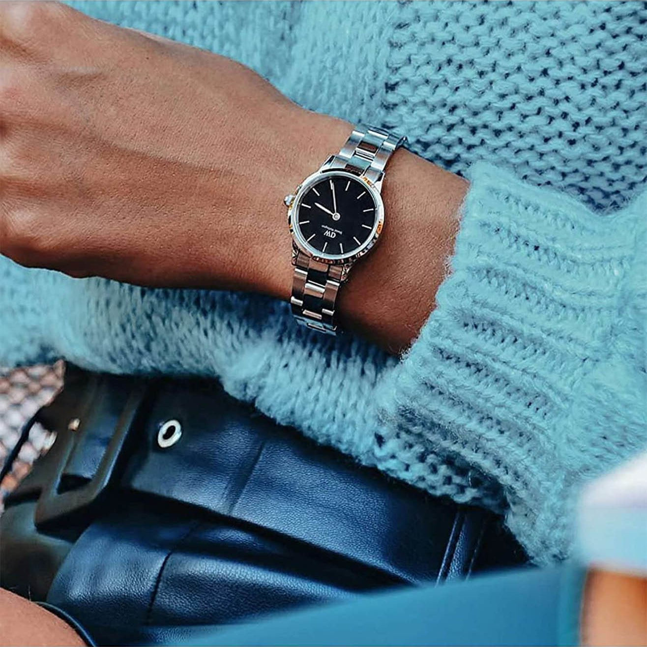 Daniel Wellington Iconic Link Black Dial Silver Steel Strap Watch For Women - DW00100208