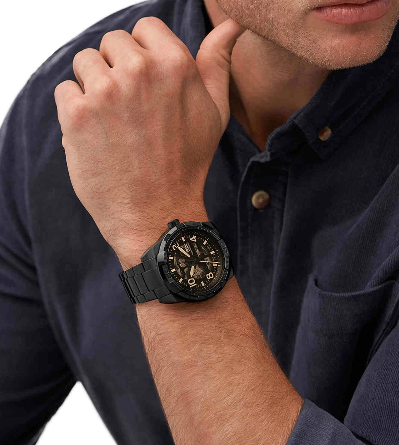 Fossil Bronson Automatic Skeleton Black Dial Black Steel Strap Watch for Men - ME3256