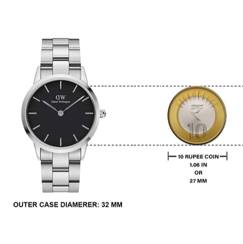 Daniel Wellington Iconic Link Black Dial Silver Steel Strap Watch For Women - DW00100206