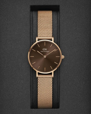 Daniel Wellington Petite Amber Brown Dial Gold Mesh Strap Watch For Women - DW00100476