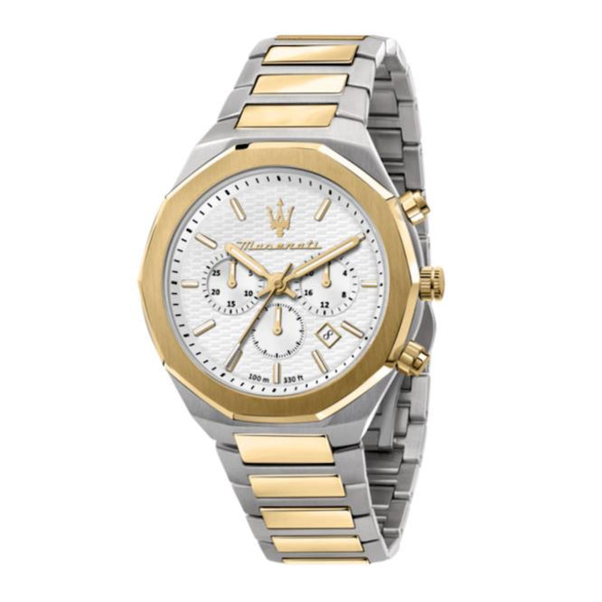 Maserati Stile Chronograph White Dial Two Tone Steel Strap Watch For Men - R8873642009
