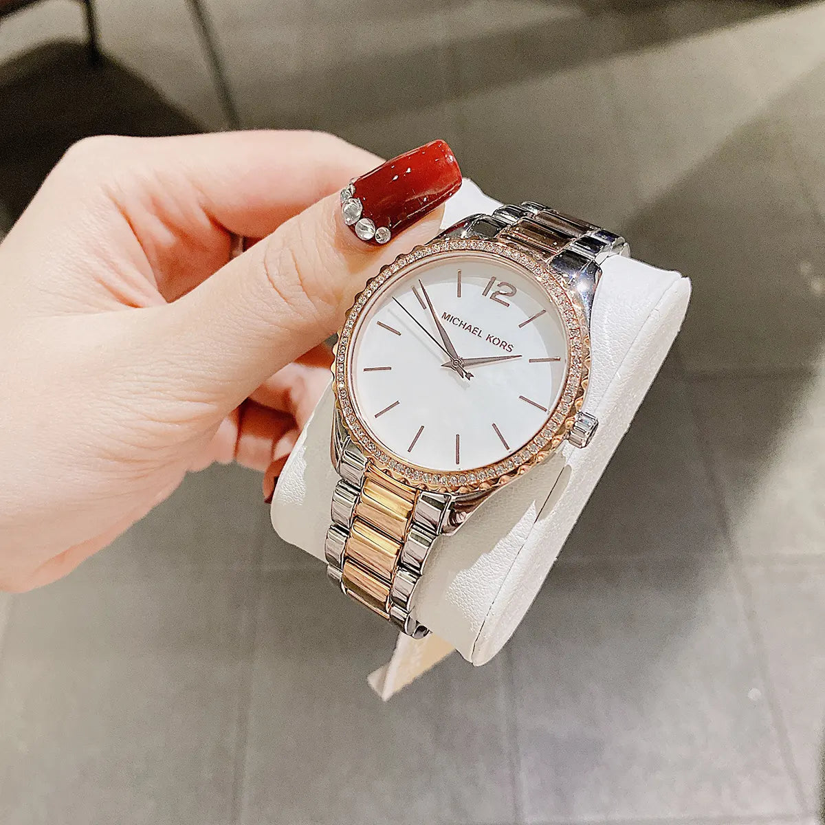 Michael Kors Layton Three Hand Mother of Pearl White Dial Two Tone Steel Strap Watch For Women - MK6849