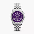 Michael Kors Lexington Chronograph Purple Dial Silver Steel Strap Watch For Women - MK6223