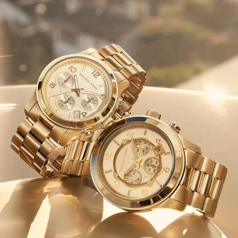 Michael Kors Runway Chronograph Gold Dial Gold Steel Strap Watch For Women - MK7323