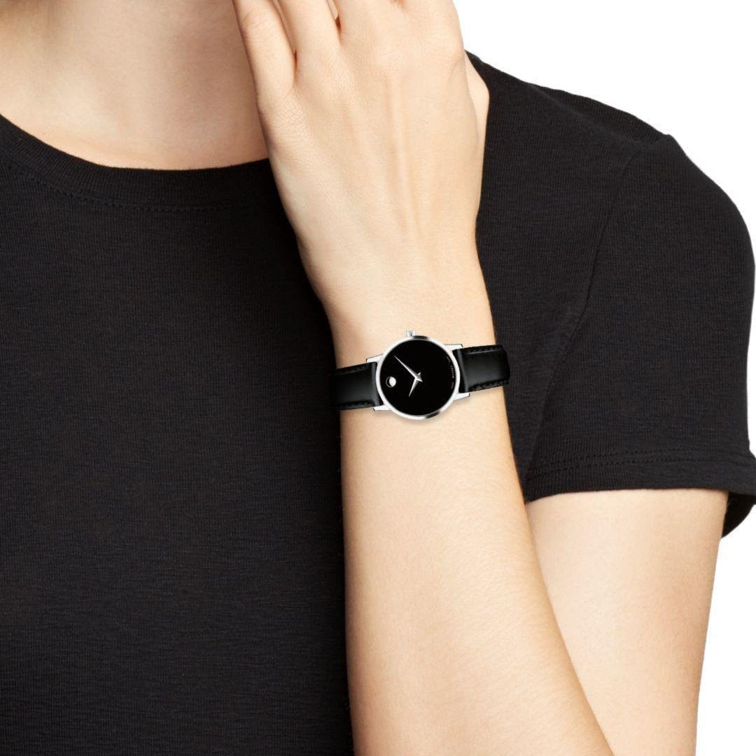 Movado Museum Classic Black Dial Black Leather Strap Watch For Women - 0607015