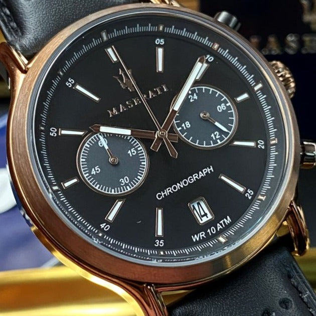 Maserati Legend Chronograph Black Dial Black Leather Strap Watch For Men - R8871638001