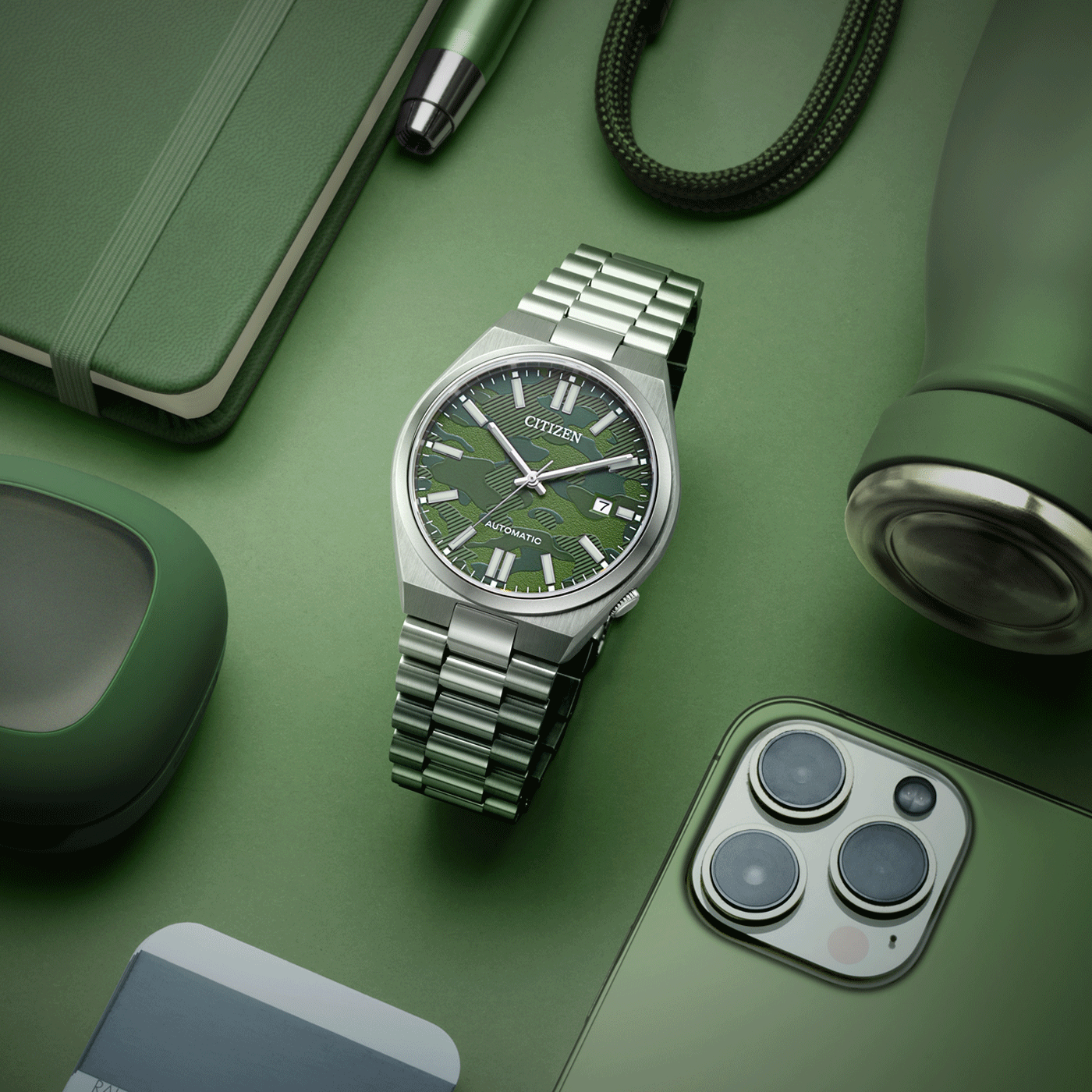 Citizen Tsuyosa Automatic Camouflage Green Dial Silver Steel Strap Watch For Men - NJ0159-86X