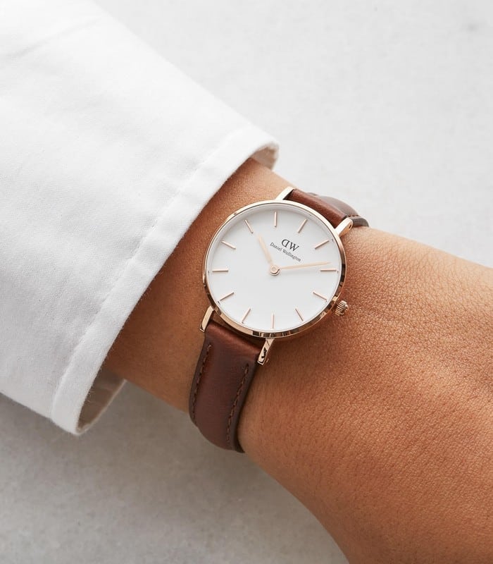 Daniel Wellington Classic Petite St Mawes White Dial Brown Leather Strap Watch For Women - DW00100231