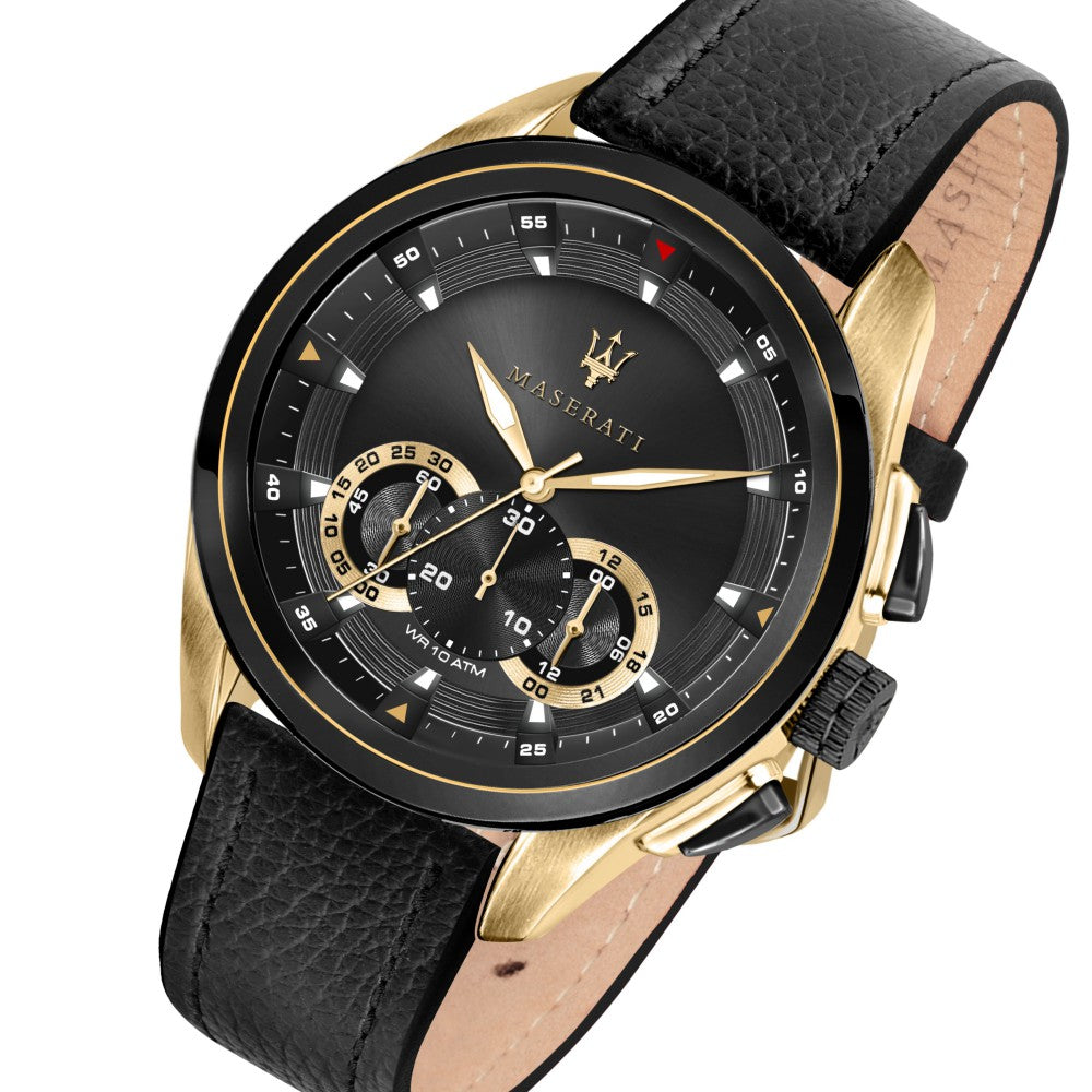 Maserati Traguardo Chronograph Black Dial Black Leather Strap Watch For Men - R8871612033