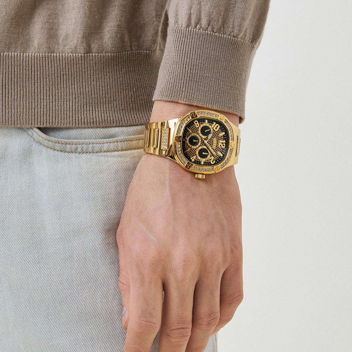 Guess Duke Glitz Crystals Gold Dial Gold Steel Strap Watch For Men - GW0576G2