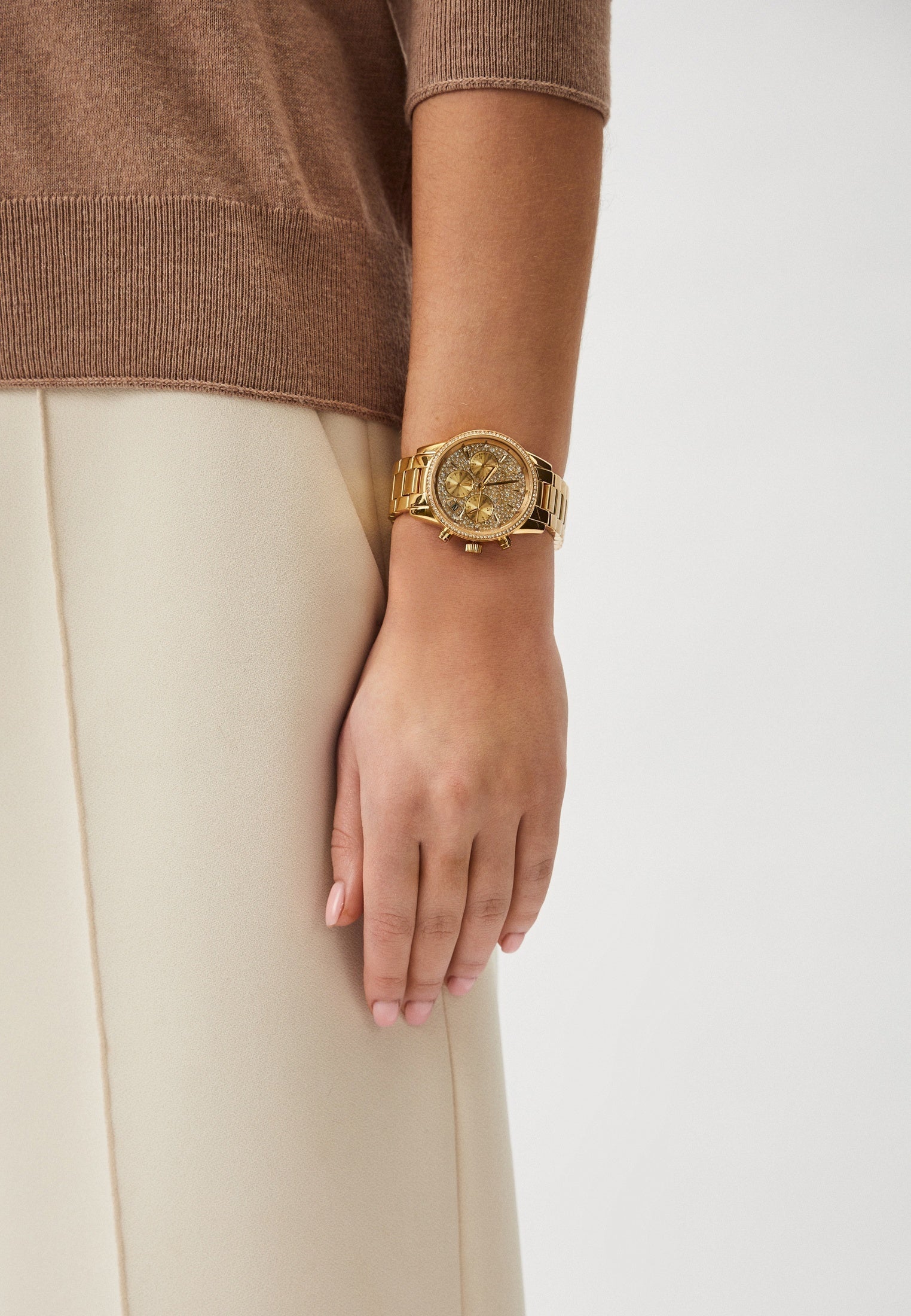 Michael Kors Ritz Chronograph Gold Dial Gold Steel Strap Watch For Women - MK7310