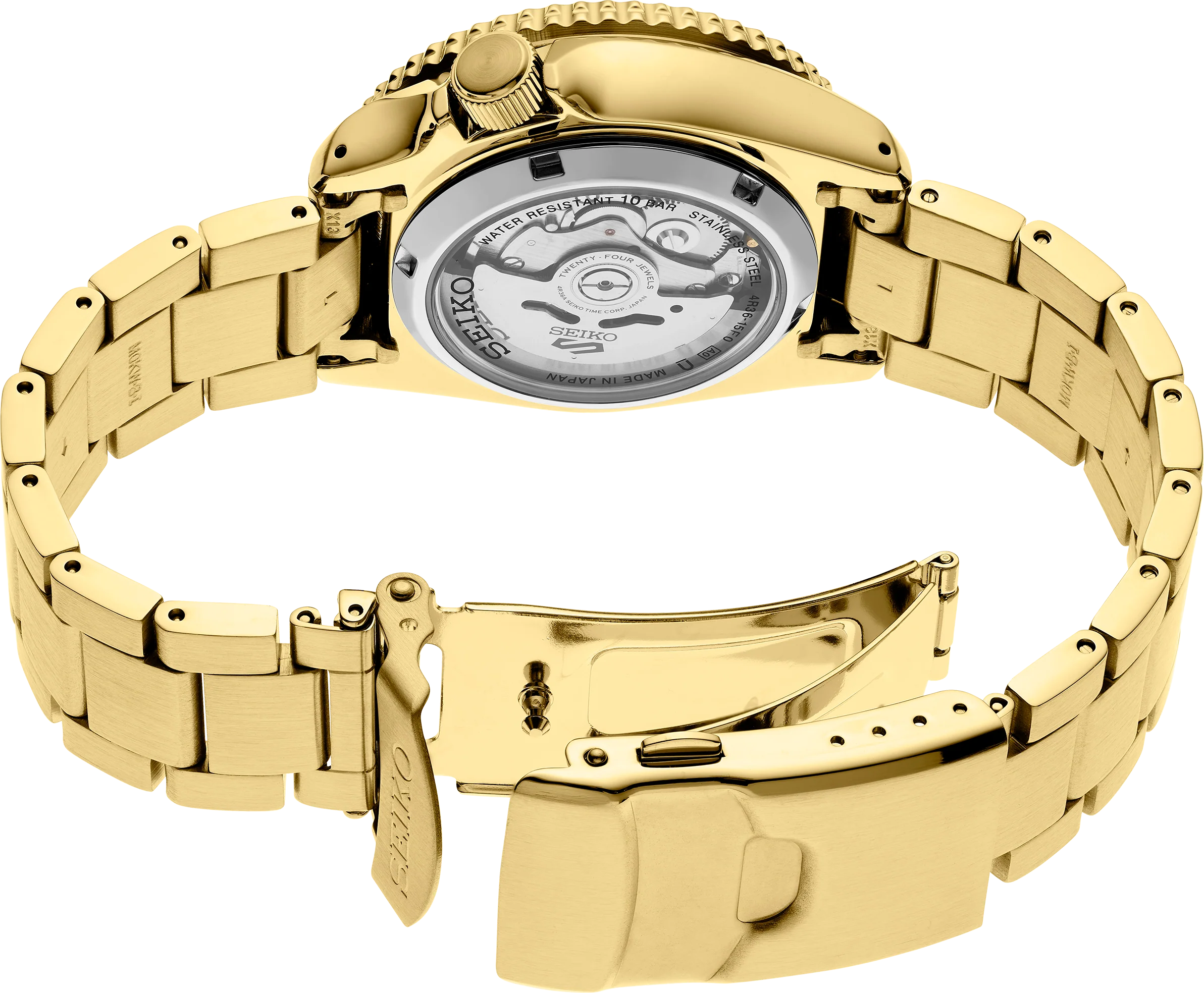 Seiko 5 Sports Automatic Black Dial Gold Steel Strap Watch For Men - SRPK18