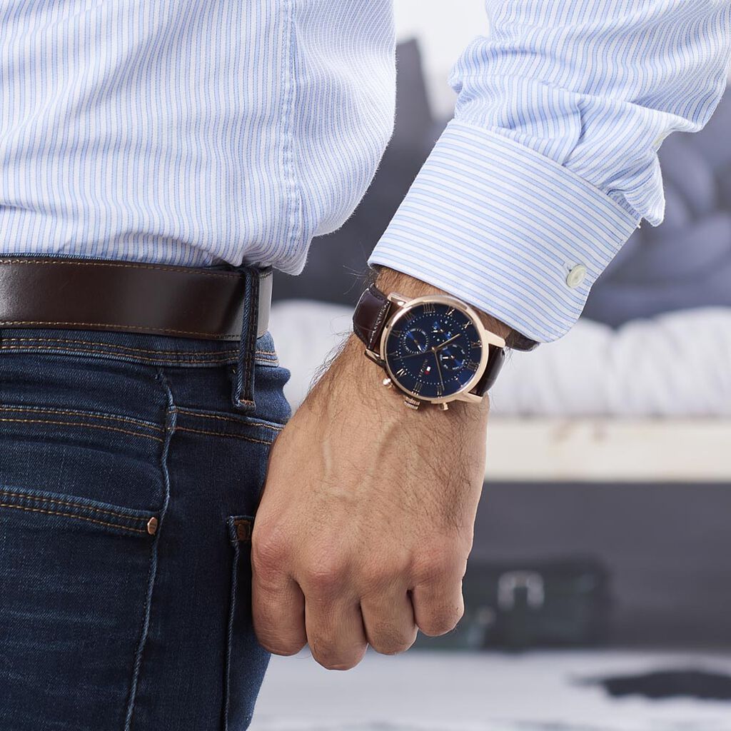 Tommy Hilfiger Kane Chronograph Blue Dial Brown Leather Strap Watch for Men - 1791399