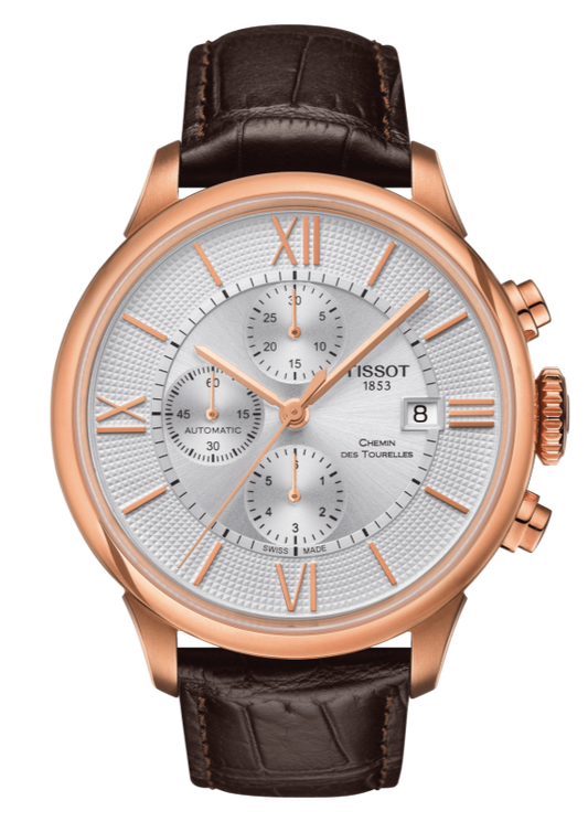 Tissot Des Tourelles Chronograph Silver Dial Brown Leather Strap Watch For Men - T099.427.36.038.00