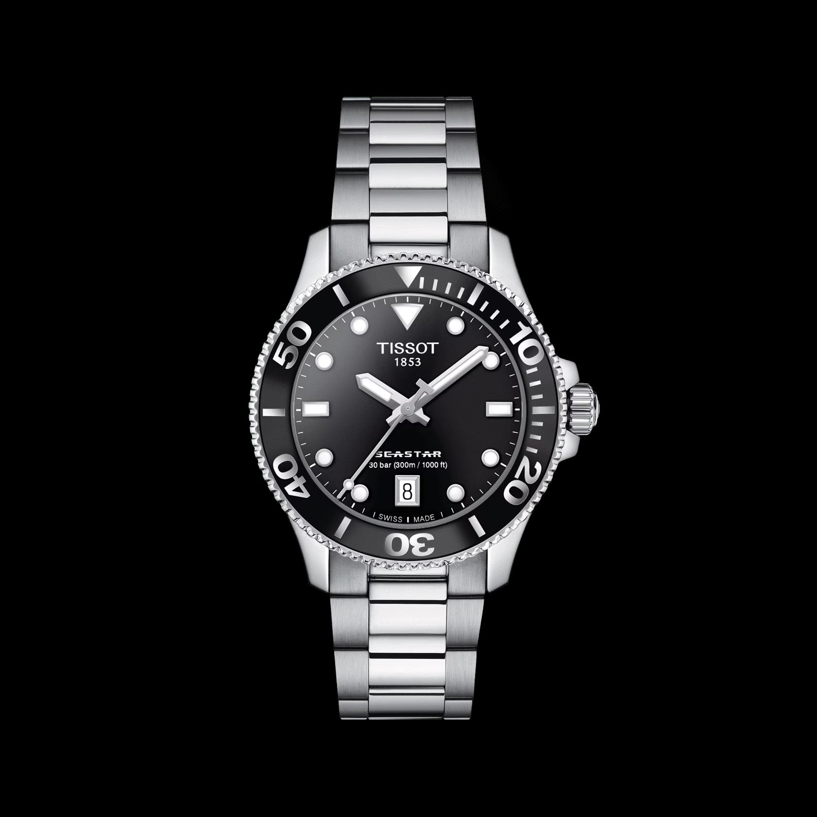 Tissot Seastar 1000 Lady Black Dial Silver Steel Strap Watch for Women - T120.210.11.051.00
