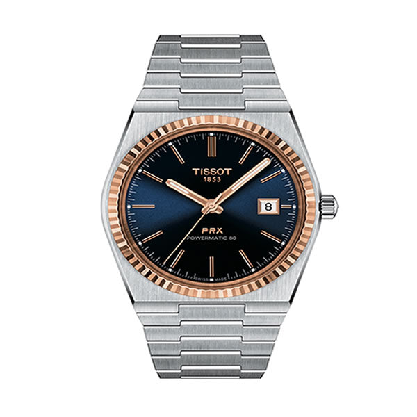 Tissot PRX Powermatic 80 Automatic 18K Gold Blue Dial Silver Steel Strap Watch for Men - T931.407.41.041.00